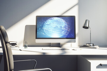 Modern computer screen with abstract graphic coding sketch and world map, big data and networking concept. 3D Rendering