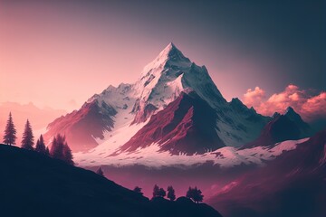 A view of a mountain with a pink sky in the background. Art. Landscape. Generative AI.