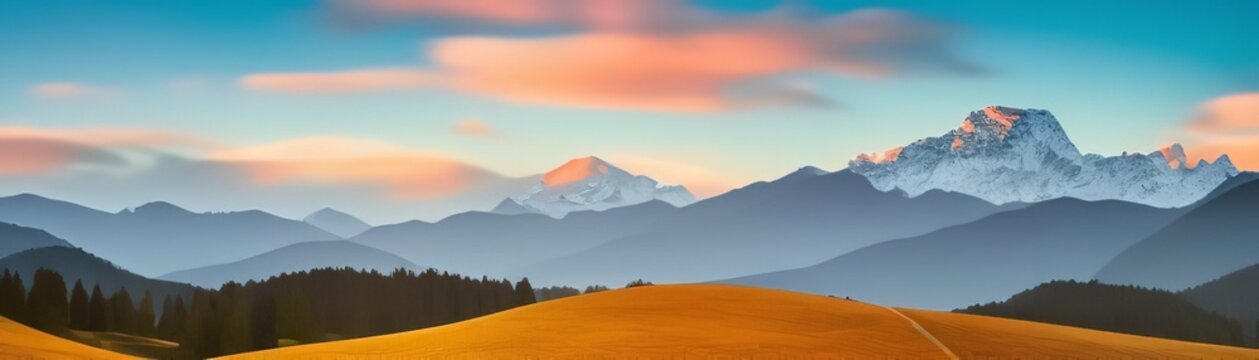 Sunset in a mountainous setting. Mountain with sunset in winter.