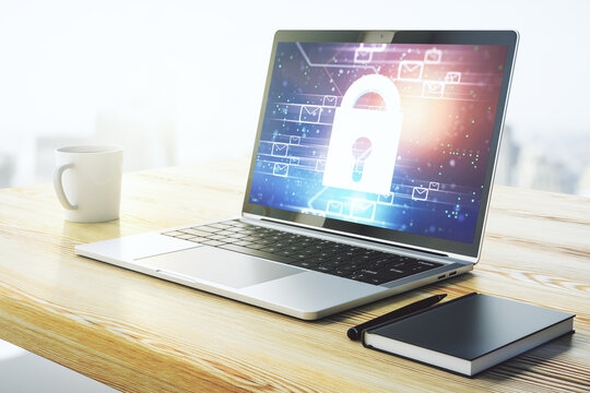 Creative light lock illustration with postal envelopes on modern computer monitor, cyber security and email protection concept. 3D Rendering