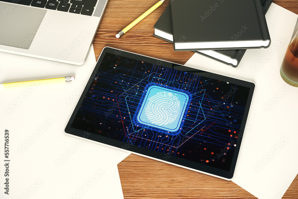 Fototapete Abstract creative fingerprint illustration on modern digital tablet monitor, digital access concept. Top view. 3D Rendering