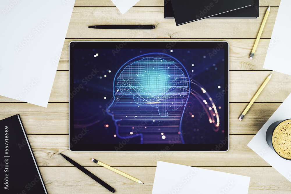 Poster Top view of modern digital tablet monitor with creative artificial Intelligence symbol. Neural networks and machine learning concept. 3D Rendering