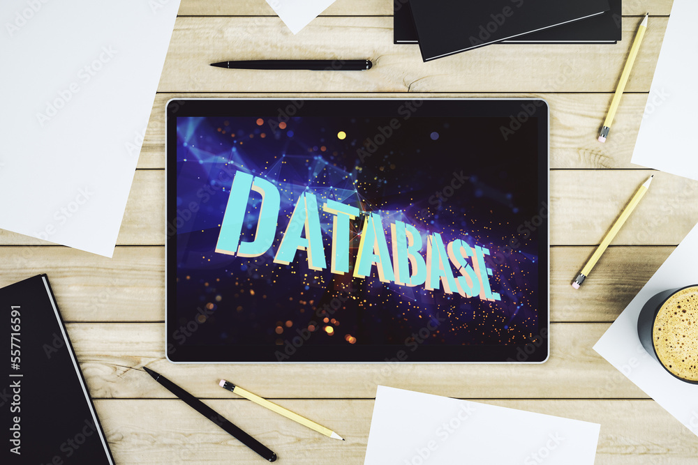 Leinwandbilder modern digital tablet monitor with creative database word hologram, research and development concept