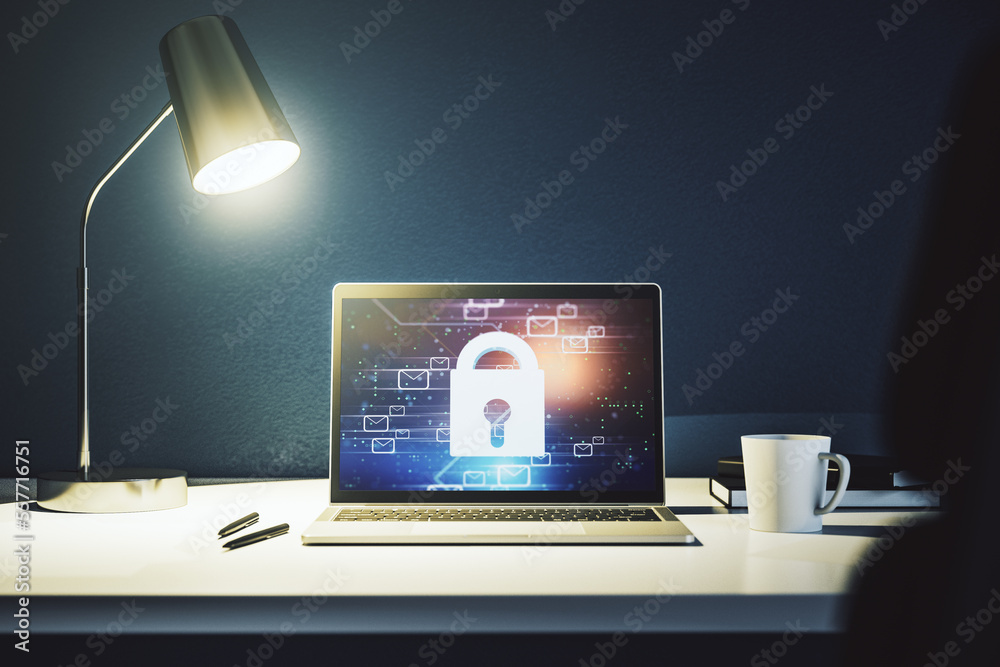 Poster creative lock sketch with email symbols hologram on modern laptop monitor, protection of personal da