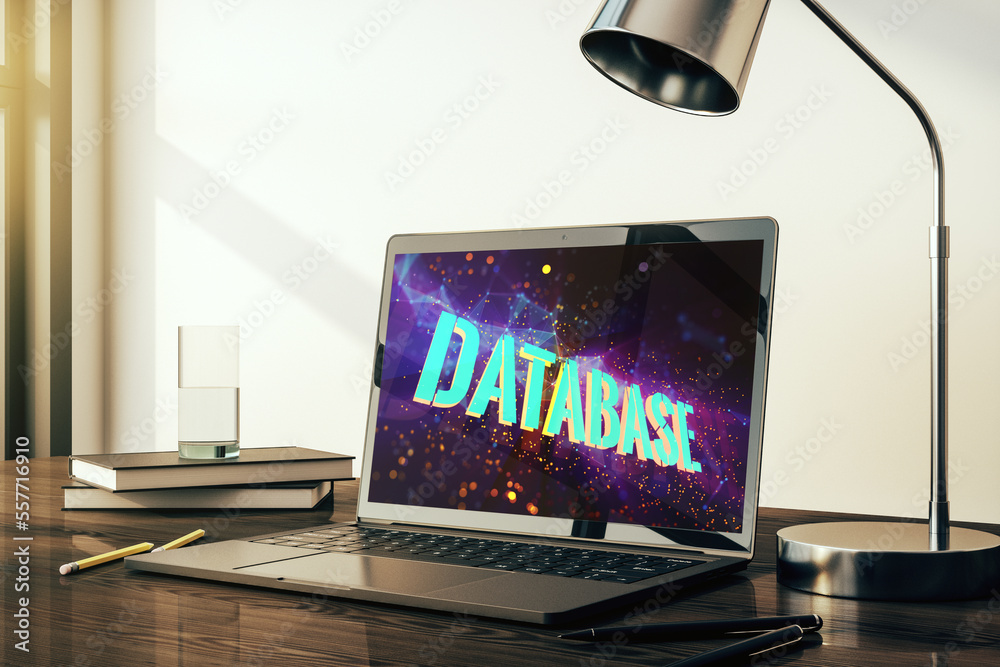 Poster modern computer screen with database word sign, global research and analytics concept. 3d rendering