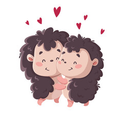 Two cute little hedgehogs are hugging. 