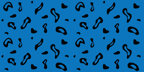 Abstract black shapes scattered on blue background. Seamless pattern vector art.
