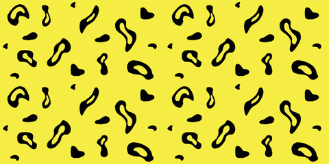 Abstract black shapes scattered on yellow background. Seamless pattern vector art.