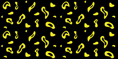 Abstract yellow shapes scattered on black background. Seamless pattern vector art.