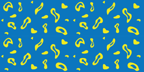 Abstract yellow shapes scattered on blue background. Seamless pattern vector art.