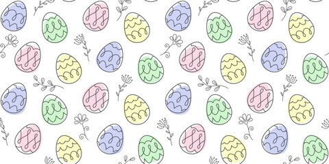 Colorful decorative Easter eggs, outline flowers, twigs and inflorescences on a white background. Festive endless texture. Vector seamless pattern for wrapping paper, cover, giftwrap, surface texture