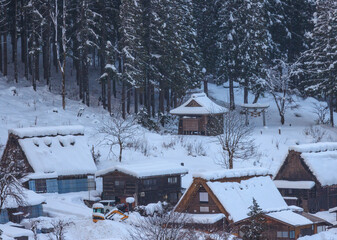Steep roofs covered with snow in mountain village by woods
