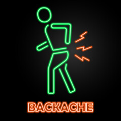 backache neon sign, modern glowing banner design, colorful modern design trends on black background. Vector illustration.