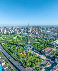 Aerial shot of Shijiazhuang TV Tower, Century Park and Golf Club, Shijiazhuang City, Hebei Province, China