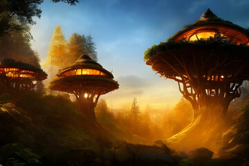 Elven treehouses cinematic wallpaper landscape.