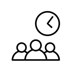 People waiting thin line icon in flat style. Office team deadline symbol isolated on white. Vector group of people with clock icon. Simple teamwork and rest abstract sign in black Vector illustration.