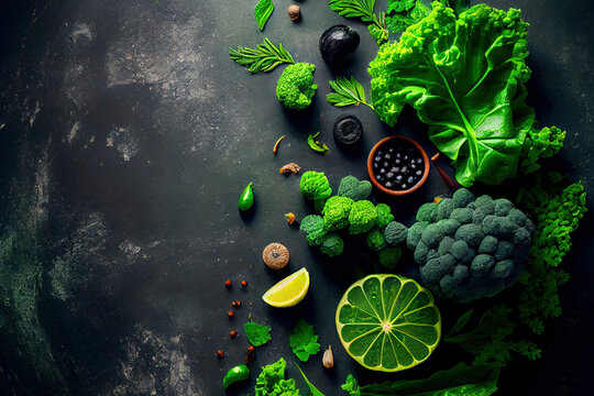 Green Food Background On Stone Table