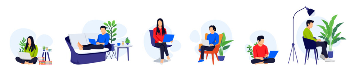 Freelance character set male and female sitting on sofa armchair doing work on laptop with different pose isolated