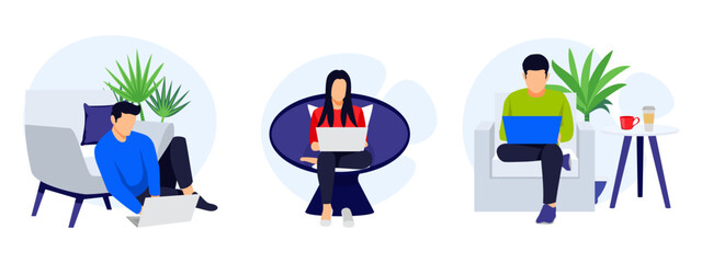Fototapeta premium Freelancer character set male and female sitting on sofa armchair doing work on laptop with different pose and position