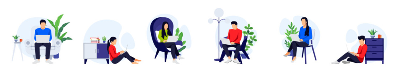 Freelancer character set male and female sitting on sofa armchair doing work on laptop with houseplant and with different pose