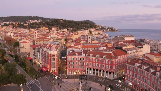 Nice, city in France, crossroad view, place Massena, view of the city from a height of the ferris wheel, sunset, cote d'azur, view of the city from a height of the ferris wheel