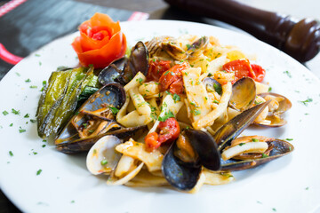 Pasta frutti di mare. Pasta cooked with seafood such as mussels, clams and prawns.