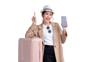 ready to travel ,asian smiling cheerful female woman hand using smartphone check flight schedule...
