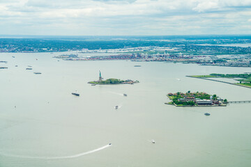 Liberty and Ellis Island National Museum of Immigration islands in the middle of Hudson River, New...