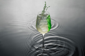 Gin tonic lemon cocktail drink with dry gin, bitter tonic, juice, thyme and ice, bar tools.