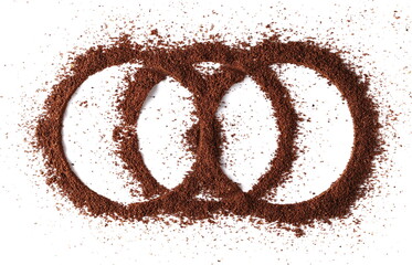 Milled coffee powder pile, round blank frame isolated on white, top view