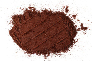 Milled coffee powder pile blank frame isolated on white, top view