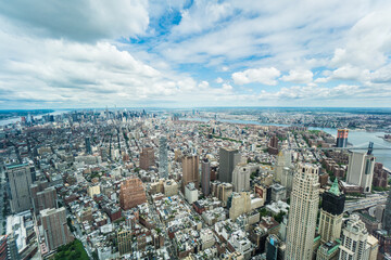Wide angle aerial view of Downtown Manhattan, New York City