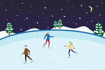 People are skating on a large ice rink on the street under the night starry sky, snow is falling. Winter holidays and winter sports and entertainment. Vector illustration