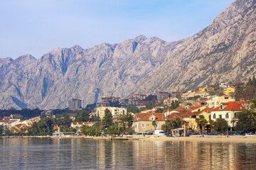 Fototapeta na wymiar Beautiful winter Mediterranean landscape. Montenegro, Adriatic Sea. View of Bay of Kotor and Dobrota town