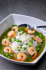 soup with shrimps, vegetables and rice nooodles