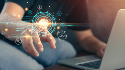 Cloud computing technology concept and communication through the online data center system, for convenient and easy access to information.