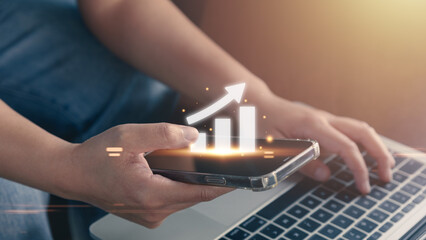 Person touching virtual screen graph analysis of business growth and investment, strategic planning analyze long-term growth.