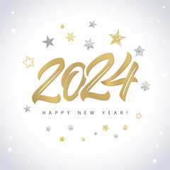 A Happy New Year 2024 beautiful decoration concept. Christmas tree ball design, handdrawing style number 20 24. Isolated glittering shiny stars. Greeting card template. Abstract golden and silver dust