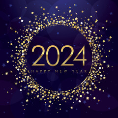 2024 A Happy New Year greeting card concept. Glittering golden ball with shiny number 20 24. Isolated graphic design template. Creative decoration. Holiday bg. Abstract gold dust.