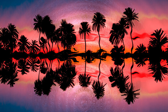 Paisaje deformado con siluetas de palmeras en el horizonte.
