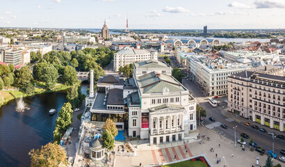 Aerial drone shot of National Opera house in Riga, Latvia