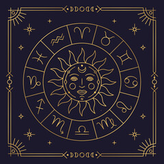 Astrology horoscope circle with golden stylized zodiac signs. Horoscope calendar with zodiac symbols. Witchcraft, magic astrological wheel thin line vector illustration on dark navy background