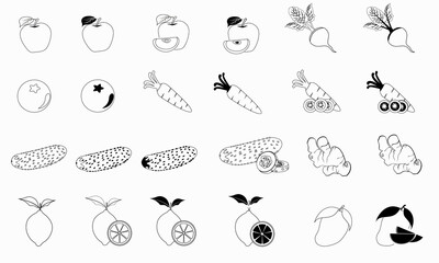 Fruit and vegetable icon set. Carrot, apple, beat, mango, lemon, cucumber