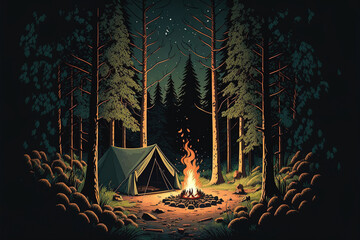 camping at night in the forest with camp fire