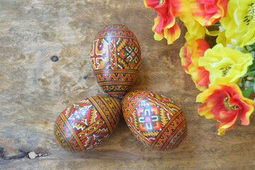Wooden eggs in Ukrainian pattern. Pysanka
