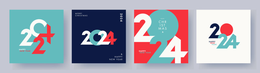 Creative concept of 2024 Happy New Year posters set. Design templates with typography logo 2024 for celebration and season decoration. Minimalistic trendy backgrounds for branding, banner, cover, card - obrazy, fototapety, plakaty