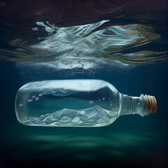 Naklejka premium Plastic bottle in ocean, plastic pollution in ocean, generative ai