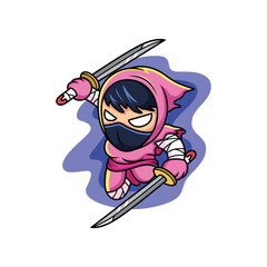 Cute pink ninja holding sword. Cartoon vector illustration isolated on premium vector