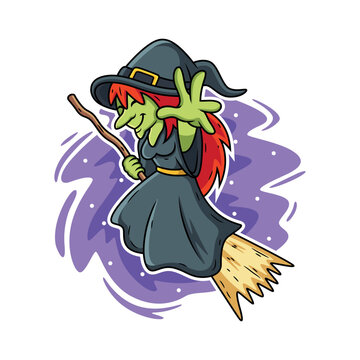 Witch carrying a broomstick. Cartoon vector illustration isolated on premium vector