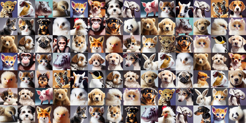 Panorama of animal babies as a wallpaper (Generative AI)